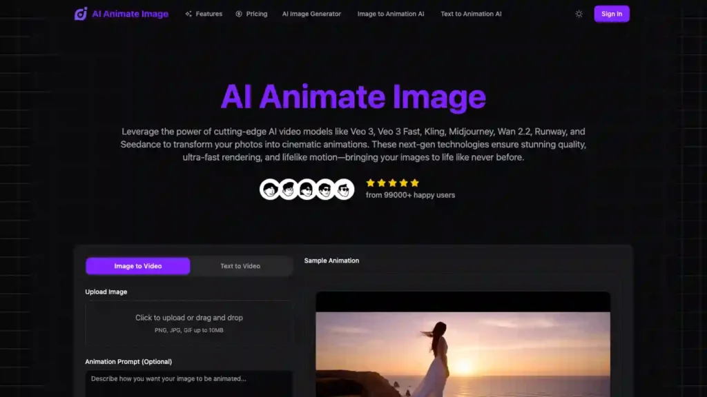 screenshot of AI Animate Image official homepage