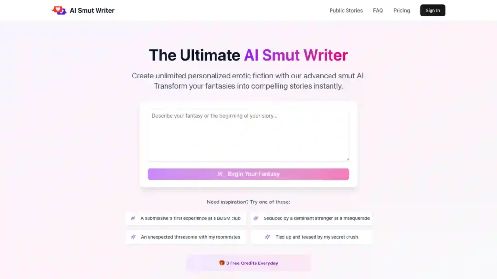 screenshot of AI Smut Writer official homepage