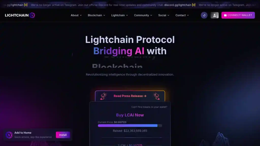 Screenshot of Lightchain Ai official homepage