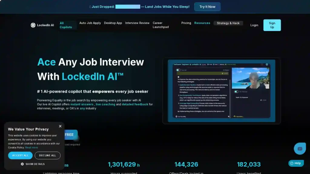 Screenshot of LockedIn AI's official homepage