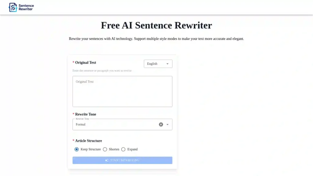 Screenshot of Sentence Rewriter's official homepage