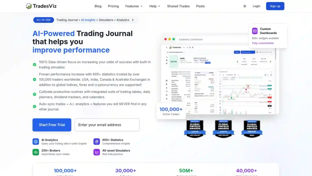 screenshot of TradesViz official homepage