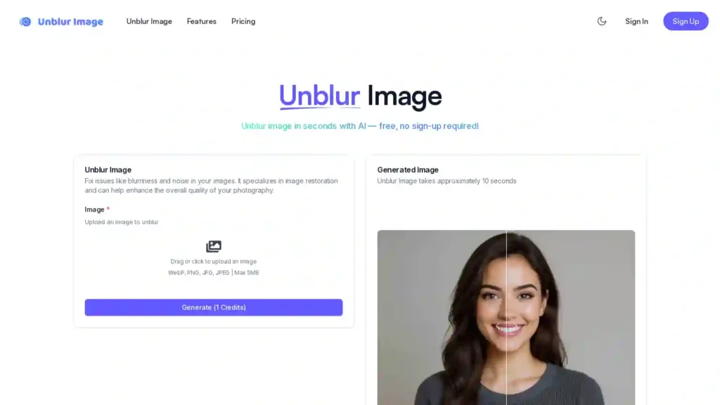 Screenshot of Unblur Image AI’s official homepage